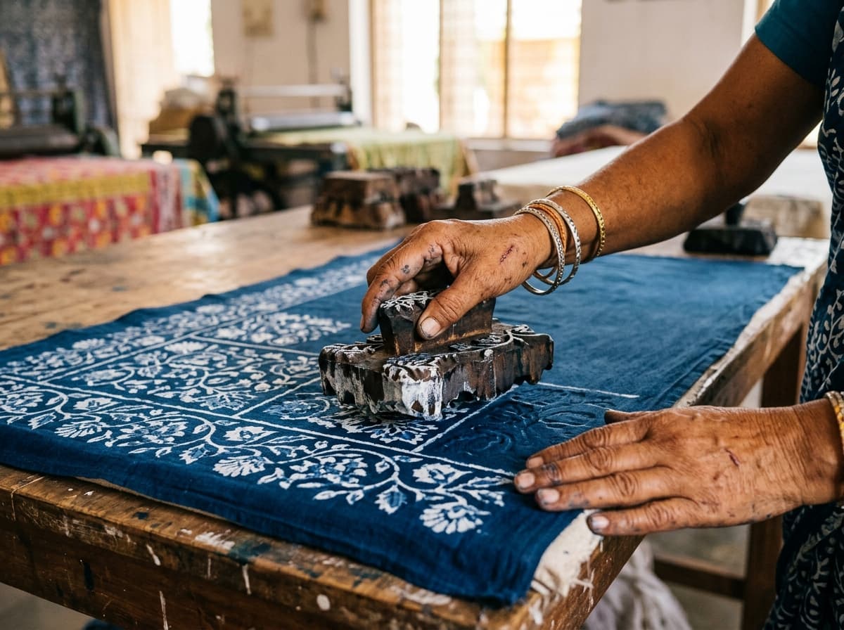 An artisan's hands hand-block-printing an indigo floral pattern onto fabric