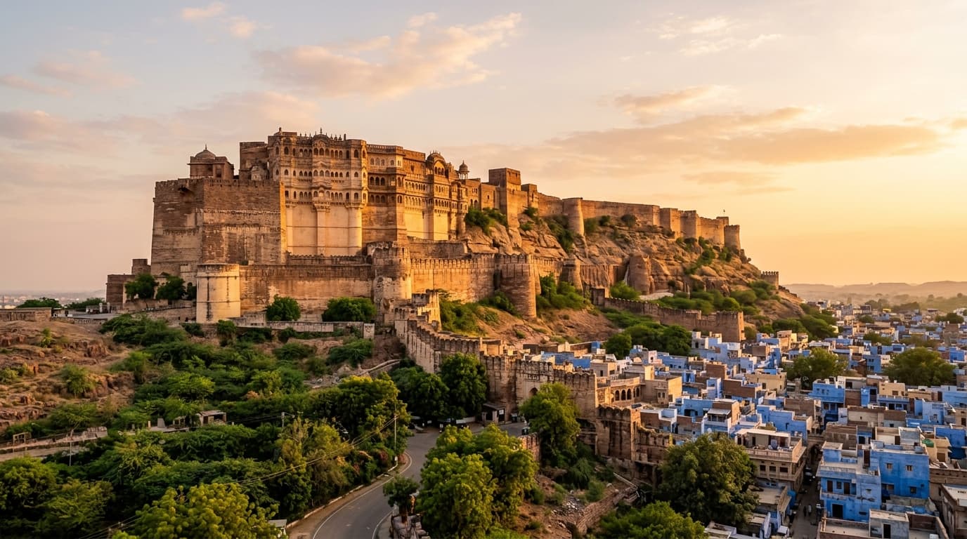 A Rajasthan hill fort glowing at sunset above the old city