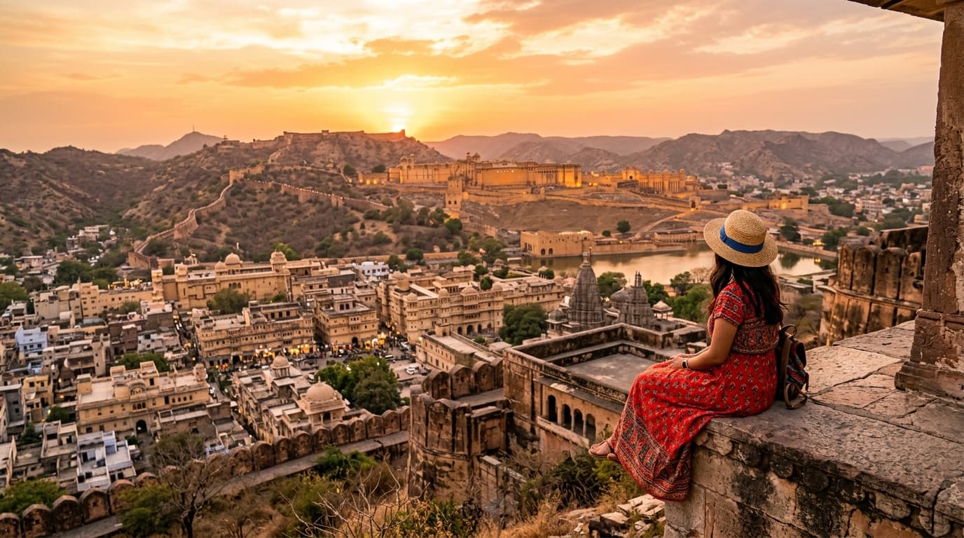 A traveller in a straw hat overlooking a Rajasthan heritage city at sunset