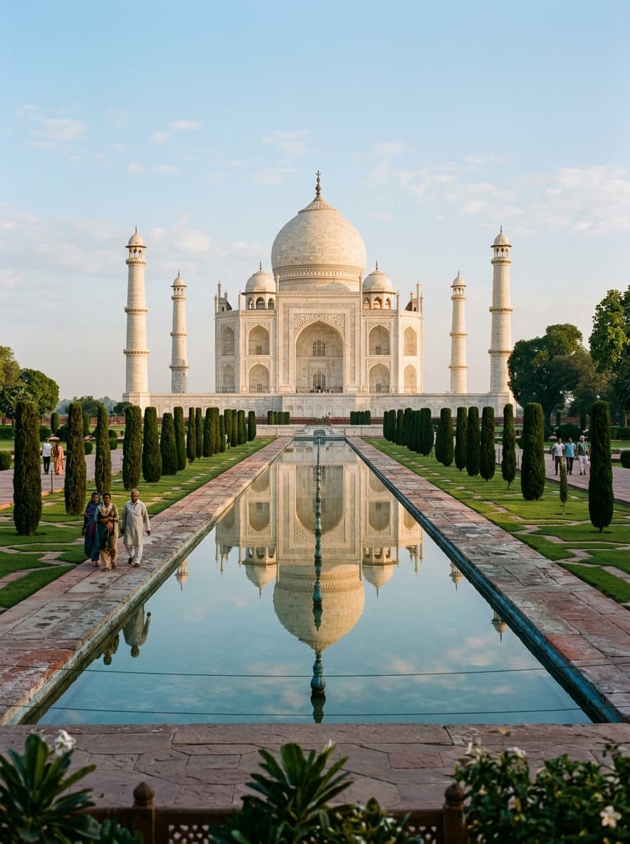 The Taj Mahal and its long reflecting pool in Agra