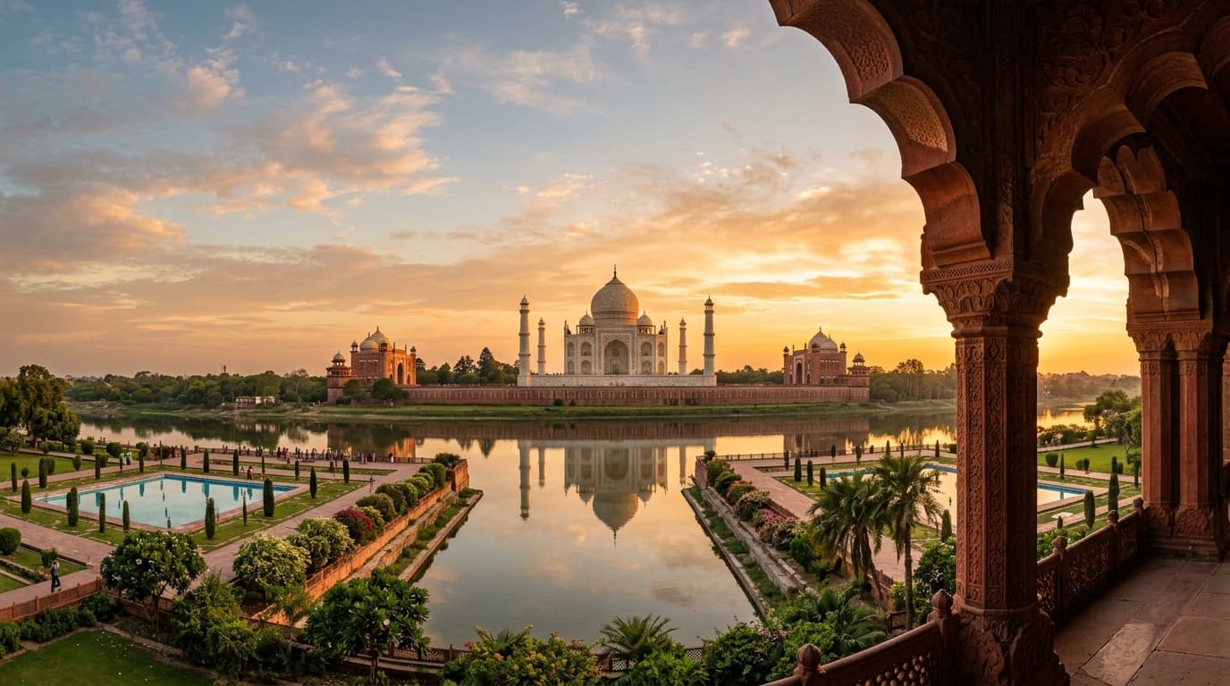 The Taj Mahal glowing at sunset beyond a reflecting pool, framed by a red sandstone arch
