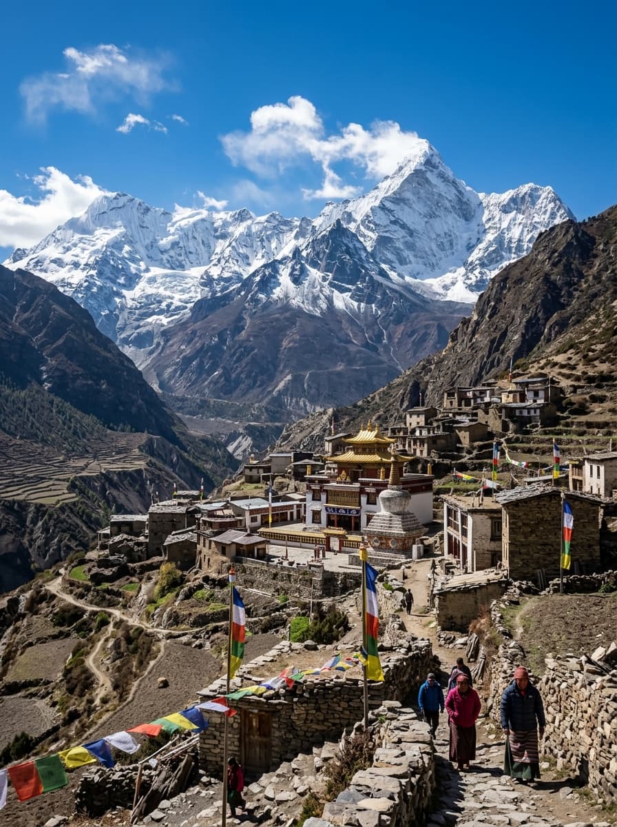 Snow-capped Himalayan peaks above a traditional mountain village