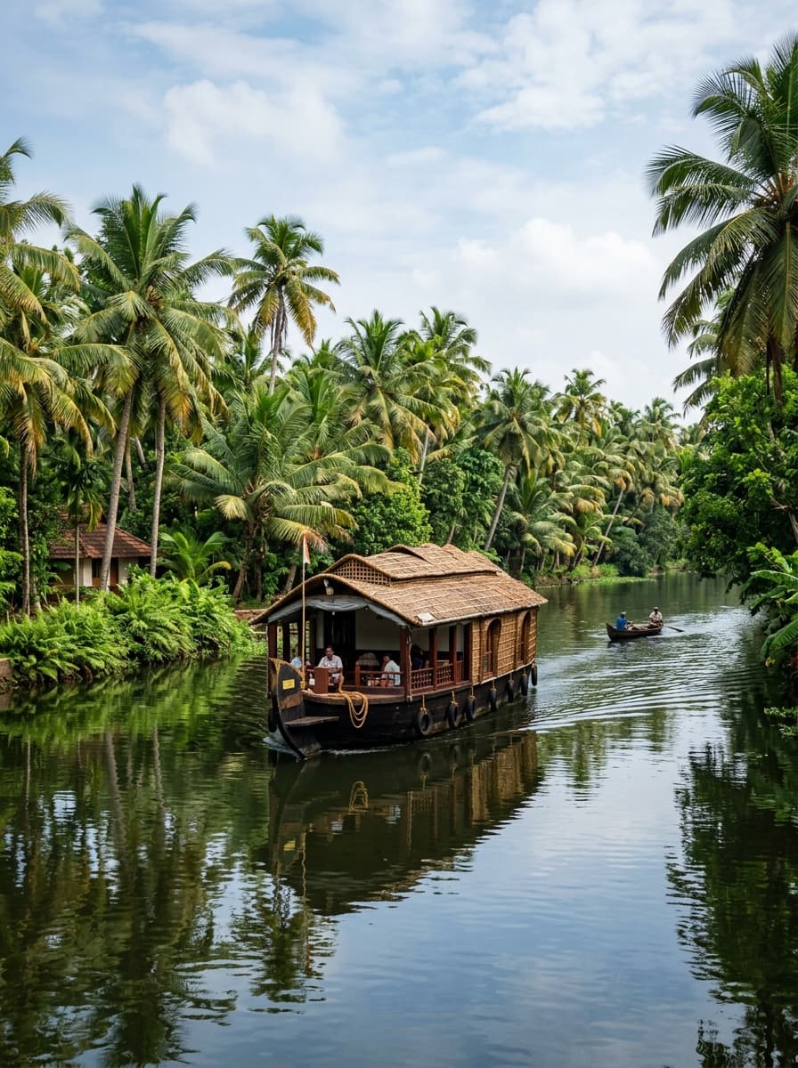 A traditional houseboat on the Kerala backwaters among coconut palms