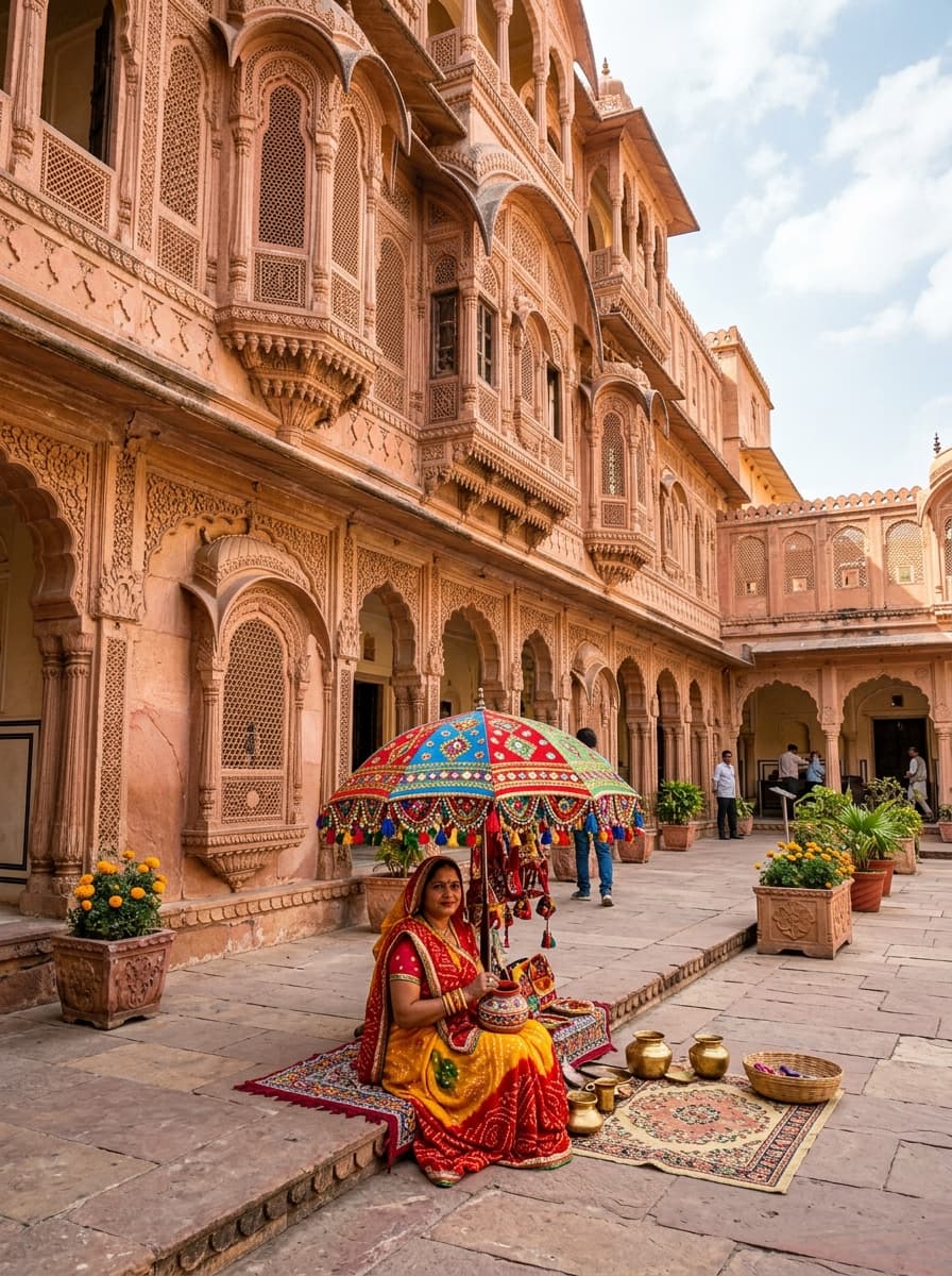 Carved sandstone palace courtyard in Rajasthan with a colourful umbrella